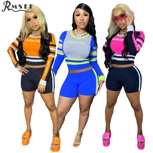 

rmsfe 2020 new striped short gym running sport outfits shinny 2 piece set women full sleeve sets1, Gray