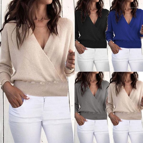 

fashion solid knit blouse shirt loose v-neck tee casual autumn winter ladies female women long sleeve blusas pullover1, White