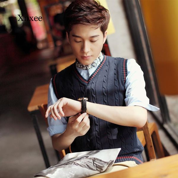 

100% cotton vest men autumn winter new classic v-neck sleeveless sweater cotton knitwear pull men brand base clothing, Black;white