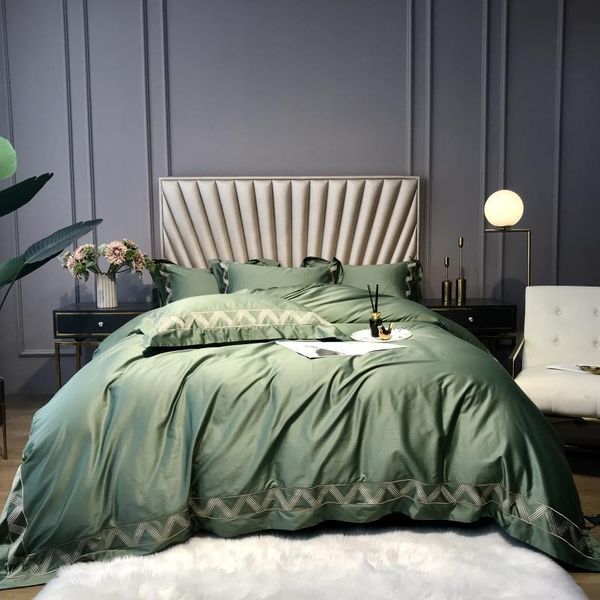 

bedding sets  king size set sateen 4 pieces luxury egypt cotton bed linen double lines emboridered duvet cover grass green