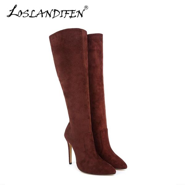 

boots loslandifen 2021 autumn and winter over the knee women velvet high heels slip on shoes pointed toe woman long, Black