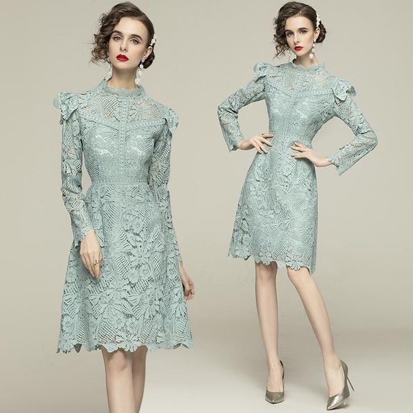 

simgent party dress lace 2021 spring women long sleeve hollow out elegant office knee length lace dress robe femme sg012143, Black;gray