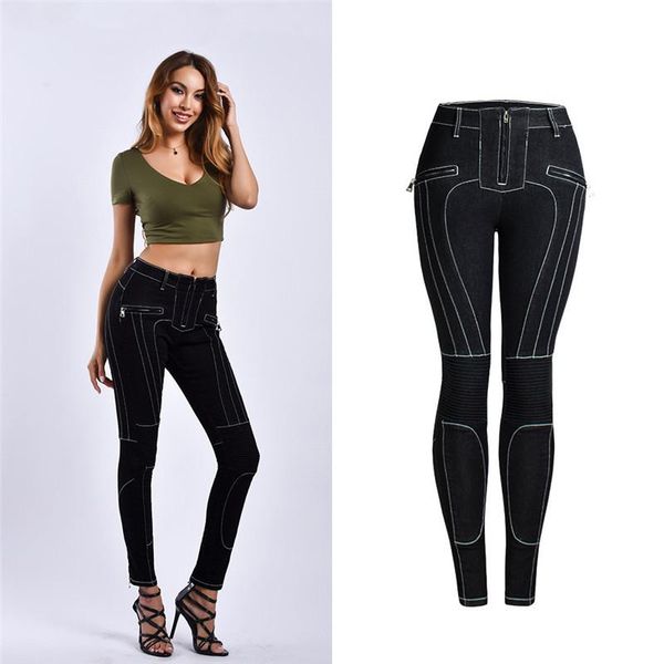 

aphrodite home women jeans elastic washed zipper locomotive style skinny pencil pants jeans female denim pants black trousers, Blue