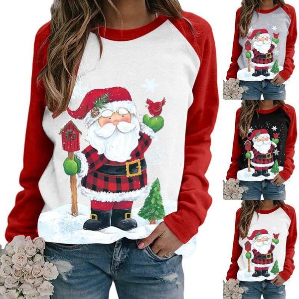 

40# women's christmas print long-sleeved blouse oversized women casual christmas print raglan long sleeve sweatshirts sudaderas1, White