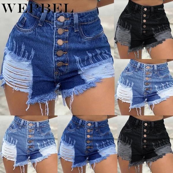 

women's jeans wepbel women summer casual straight hole ripped denim shorts ladies vintage high waist button short pant with tassel1, Blue
