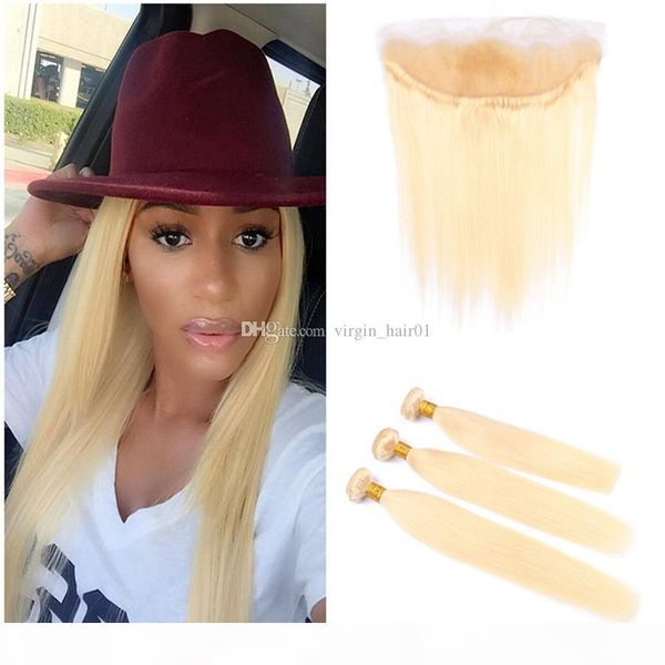 

peruvian virgin hair straight with 13x4 ear to ear lace frontal with baby hair 613 blonde hair 3 bundles with lace frontal closure, Black;brown