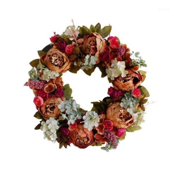 

artificial peony flower wreath with green leaves for front door window wall wedding home decor1