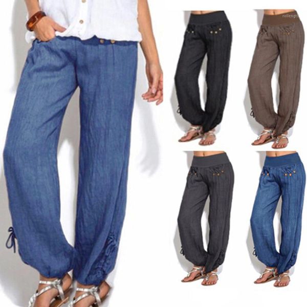 

2020 new women casual tencel jeans elastic high waist harem pants loose button solid full length pants ladies plus size trousers1, Black;white