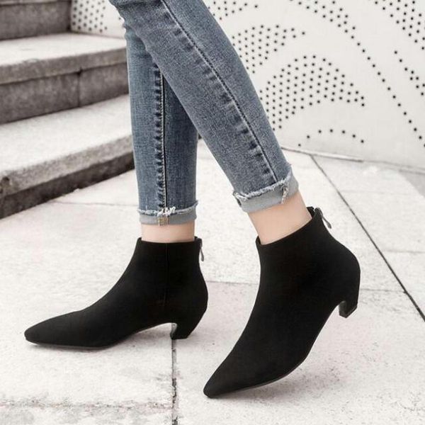 

boots low heel ankle female 3cm small shoes cat with back zipper suede pointed stiletto drop, Black
