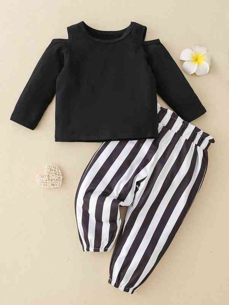 

baby cold shoulder tee & striped paperbag waist pants she, White