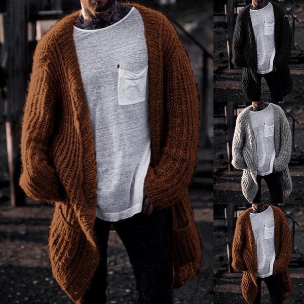 

2020 men's loose cardigan solid color cardigan long sleeve long knitted jacket large size coat length casual sweater1, White;black