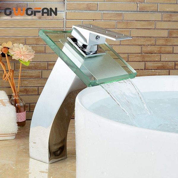 

modern square glass waterfall basin faucet bathroom chromed brass sink faucets deck mounted single handle mixer tap owo-s79-3121