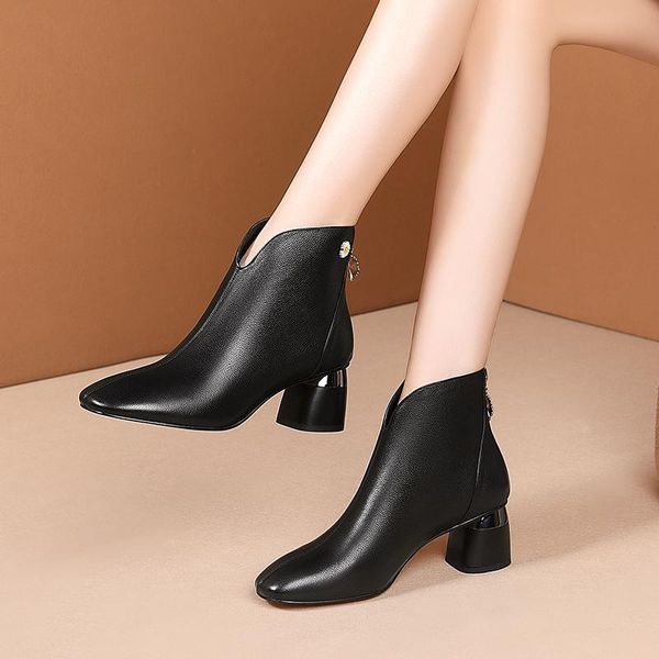 

качество корова из кожи женские лодыжки сапоги на молнии удобные высокие каблуки зимняя теплая вечеринка обувь женщина короткая сапоги, Black