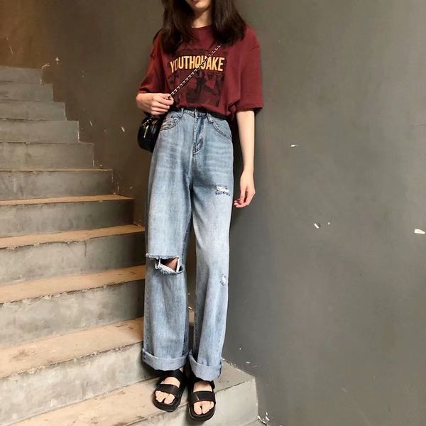 

autumn winter korean large size high waist student straight women's loose and broken hole wide leg pants new jeans trend in 2019, Blue