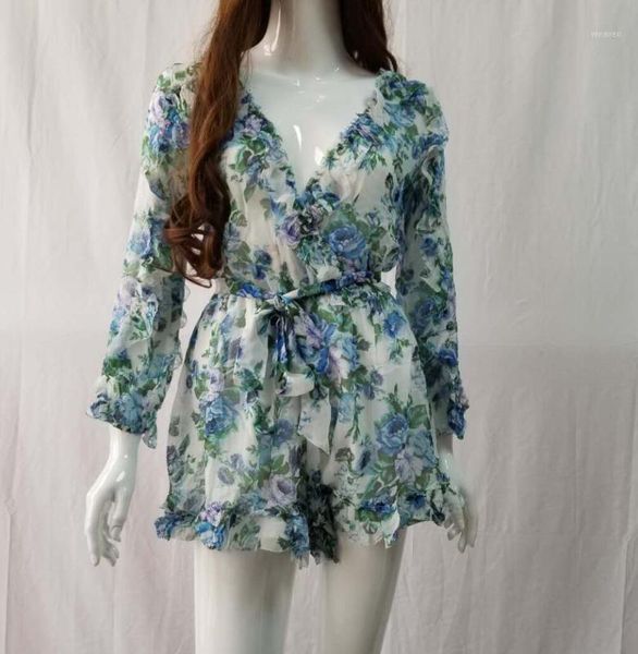 

women 100% whitewave ruffle playsuit v-neck long sleeve ruffle floral printed holiday beach jumpsuits1, Black;white