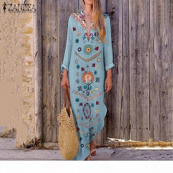 

zanzea women's summer sundress long maxi dress 2019 ladies bohemian print split vestidos deep v neck robe femme plus size, Black;gray