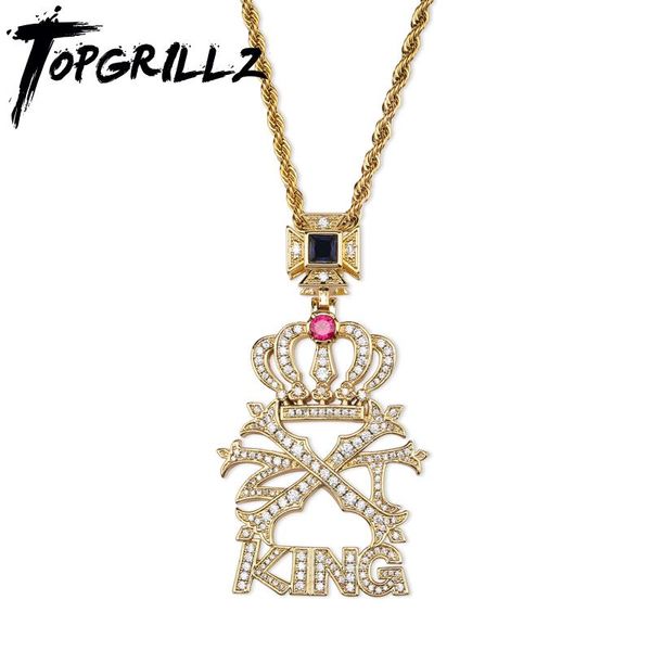 

rillz new iced out cz stone crown king letters pendant &necklace micro paved bling charm chains hip hop jewelry, Silver