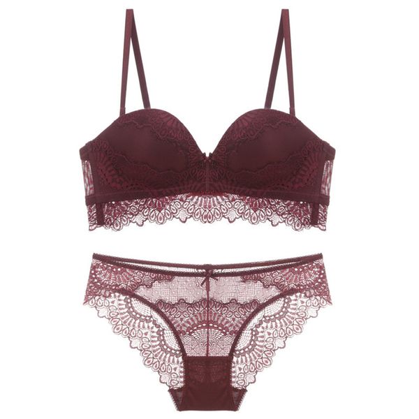 

lace 1/2 cup push-up bra wireless seamless bra and panties set medium padded lacy underwear sets women lingerie white black c1212, Black;white