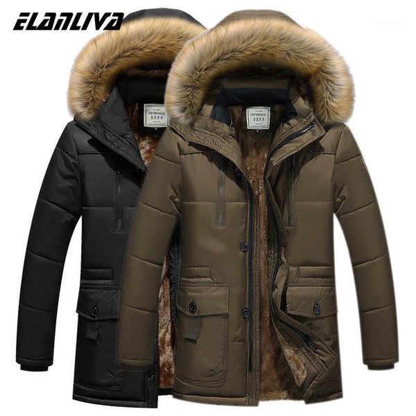 

thick warm winter parka men fleece fur hood men winter jacket coat cargo medium-long mens overcoat1, Black