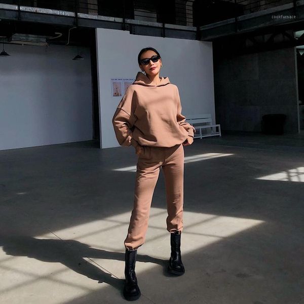 

two piece outfit solid color sets women tracksuits 2 piece set autumn winter fleece oversize hooded sweatshirt sweatpants suit1, Gray