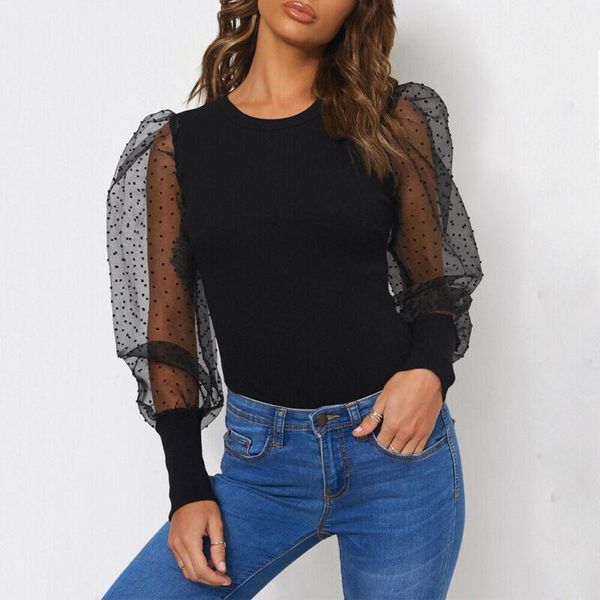 

fashion mesh puff sleeve bodysuit autumn women ladies casual romper1, White