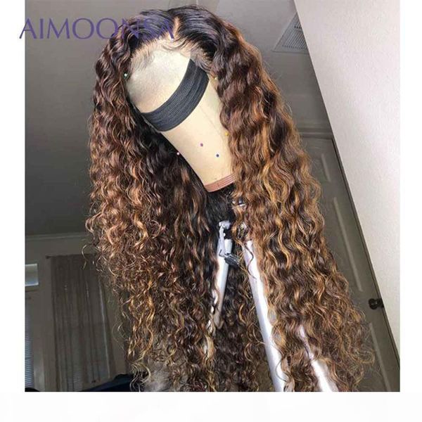 

highlight lace front human hair wigs colored curly human hair wig honey blonde brown and blonde highlight wig 13x4 remy 150%, Black;brown