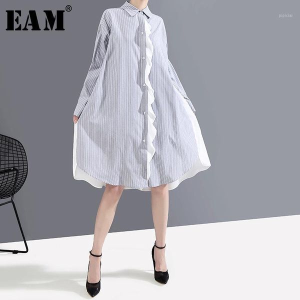

eam] women striped spliced oversize shirt dress new lapel neck long sleeve loose fit fashion tide spring autumn 2020 1a8821, Black;gray