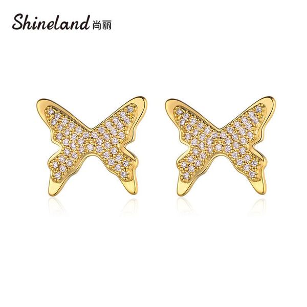 

shineland new design luxury zircon butterfly stud earrings copper brincos fashion jewelry for women gift, Golden;silver
