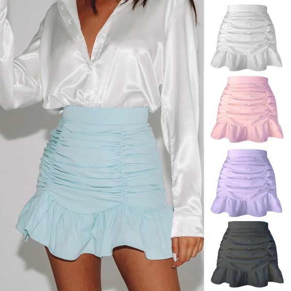 

skirts youth casual solid color mini skirt with zipper pleated ruffled all-match high waist bag hip fishtail 2021 summer, Black