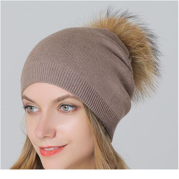 

dankeyisi real fur hat winter big raccoon pom pom hat women warm thick stretchy wool knitted fur pompom skullies beanie jllajj