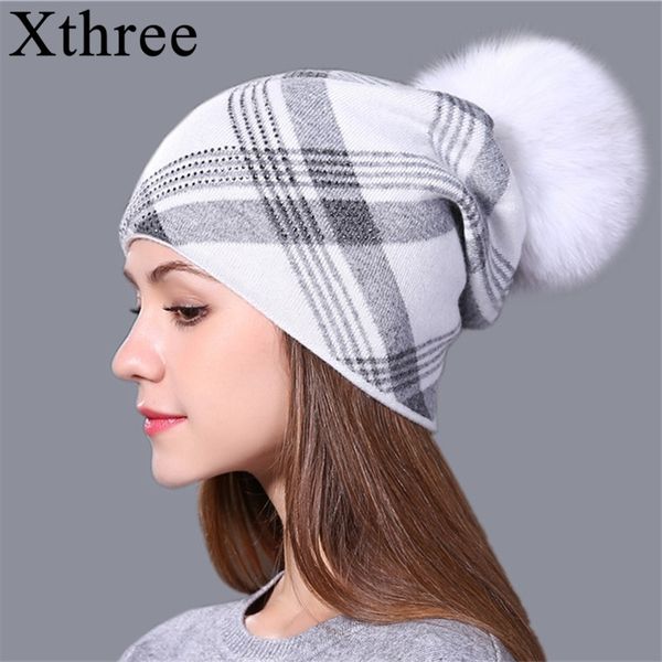 

xthree 2017 new plaid knitted hat for women winter beanie skullies warm gravity falls cap real fur pom wool gorros female cap y200102, Blue;gray