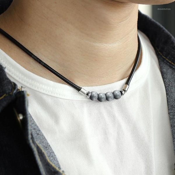 

trendsmax 8mm natural stone bead black leather choker necklace for men women eagle eye map stone male jewelry 18inch dnm271, Silver