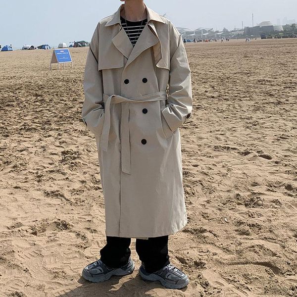 

male women streetwear vintage fashion loose trench coat long jacket outerwear men double breasted casual thin trenchcoat, Tan;black