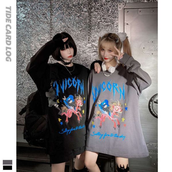

autumn winter new high dark system hem hole loose long sleeve sweater cartoon printed men's and women's street top, Black