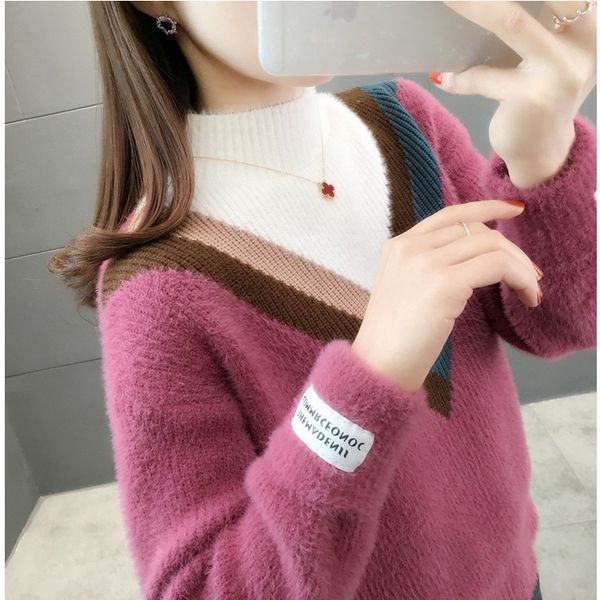 

2021 new false korean cashmere mink long knit sweater half turtleneck pullover lady jumper female mesh jumpers autumn jx4b, White;black