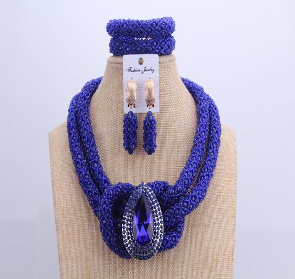 

chunky women royal blue african beads bridal jewelry sets for wedding nigerian beads necklace earrings bracelet set of jewelry, Silver