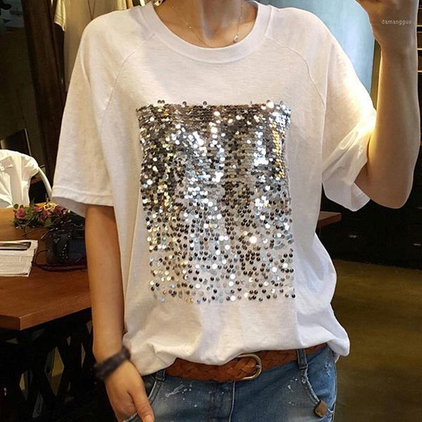 

sequined patchwork women's t-shirt black white o neck female loose tshirts 2020 spring summer casual fashion ladies tshirts1
