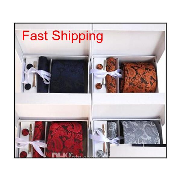 

classic men neck tie set (tie+tie clips+cufflinks+hanky+box) paisley necktie man formal silk tie suit business tie wedding neckties set 14, Black;blue