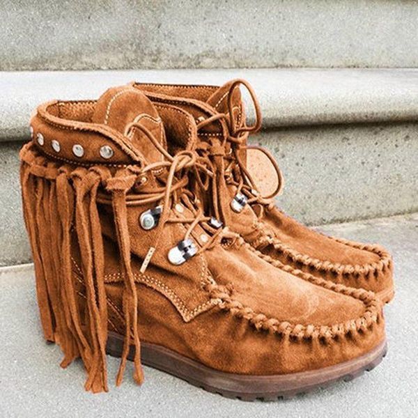 

vintage women ankle boots flats shoes booties gladiator vintage faux suede round toe lace up shoe tassels botas mujer big size1, Black
