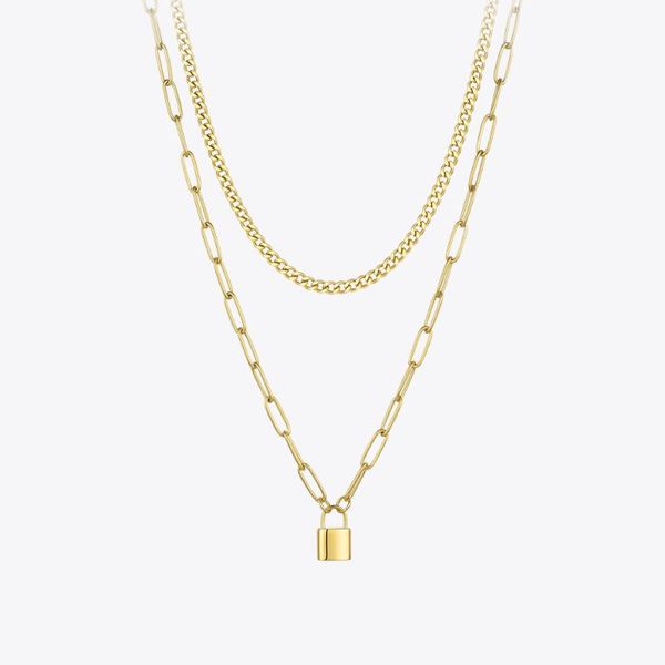 

pendant necklaces enfashion lock necklace women gold color stainless steel double chain 2021 christmas fashion jewelry p203141, Silver