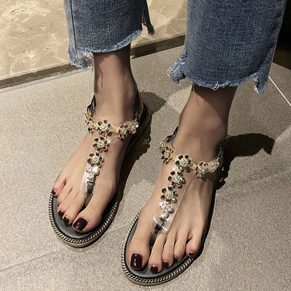 

flat with crystal flower sandals shoes woman new arrival flats women's summer footwear non-slip breathable sandal woman shoes t200327, Black