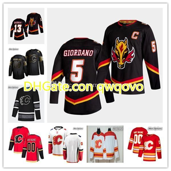 

2021 calgary flames reverse retro jersey hockey johnny gaudreau mark giordano matthew tkachuk milan lucic theoren fleury monahan iginla, Black;red