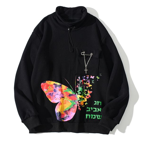 

2021 new hip hop colorful butterfly print brooch harajuku hoodie sweatshirt winter loose cotton pullover men fleece 100s, Black