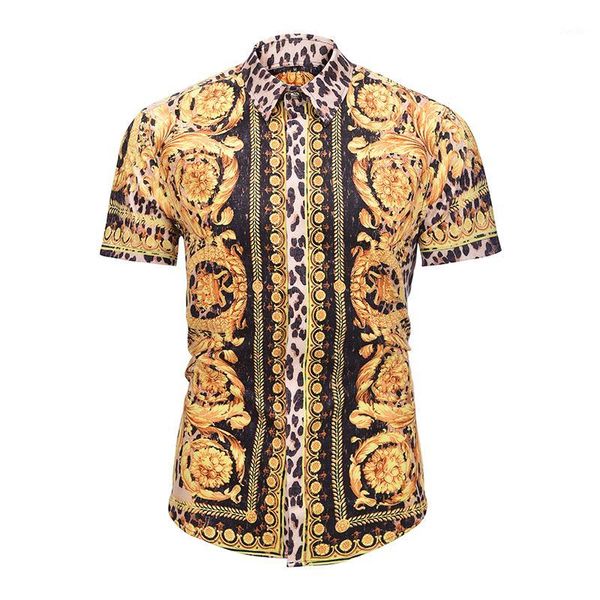 

true reveler summer style design men short sleeve shirts leopard print fashion tuxedo shirts gold crown blouse party club 1, White;black