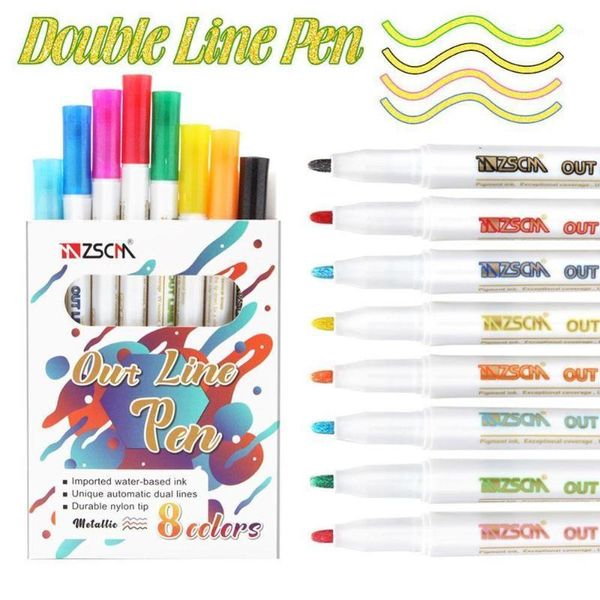 

8 colors colorful double line pen highlighter fluorescent marker student multicolor hand note pen for school stationery supplies1, Black;red