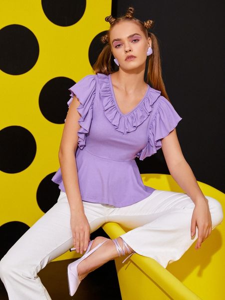 

x scube ruffle trim solid peplum j70g#, White