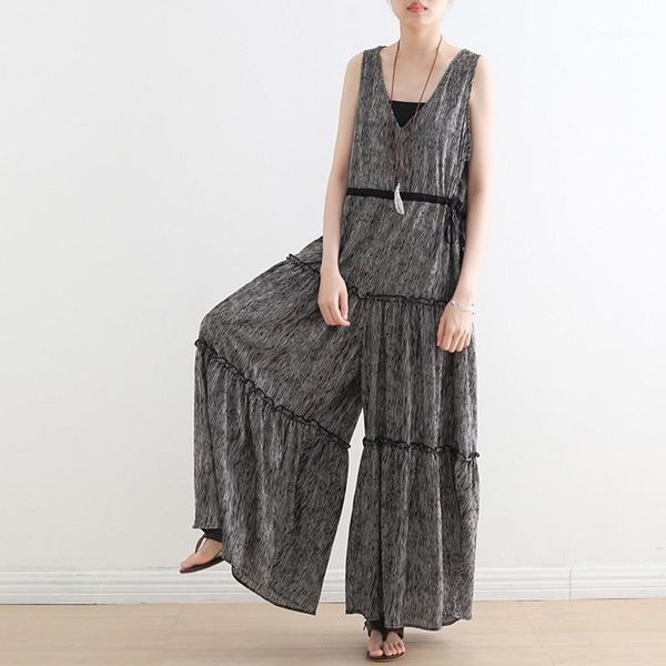 

2021 summer women casual big sleeveless v- neck jumpsuits fashion drawstring ladies bodysuit wide leg pants long trousers1, Black;white