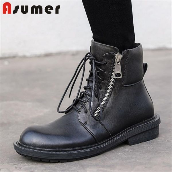

asumer 2020 vintage women ankle boots genuine leather round toe lace up zip comfortable low heel casual shoes ladies boots, Black