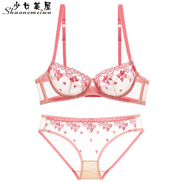 

shaonvmeiwu women's new thin section of the network underwear pink love bra transparent embroidery bra temptation c1212, Black;white