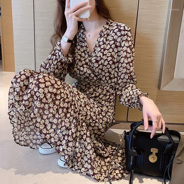 

2021 autumn floral printed women dress v neck flare sleeve chiffon dress chic vintage slim fit bottoming vestidos korean style1, Black;gray